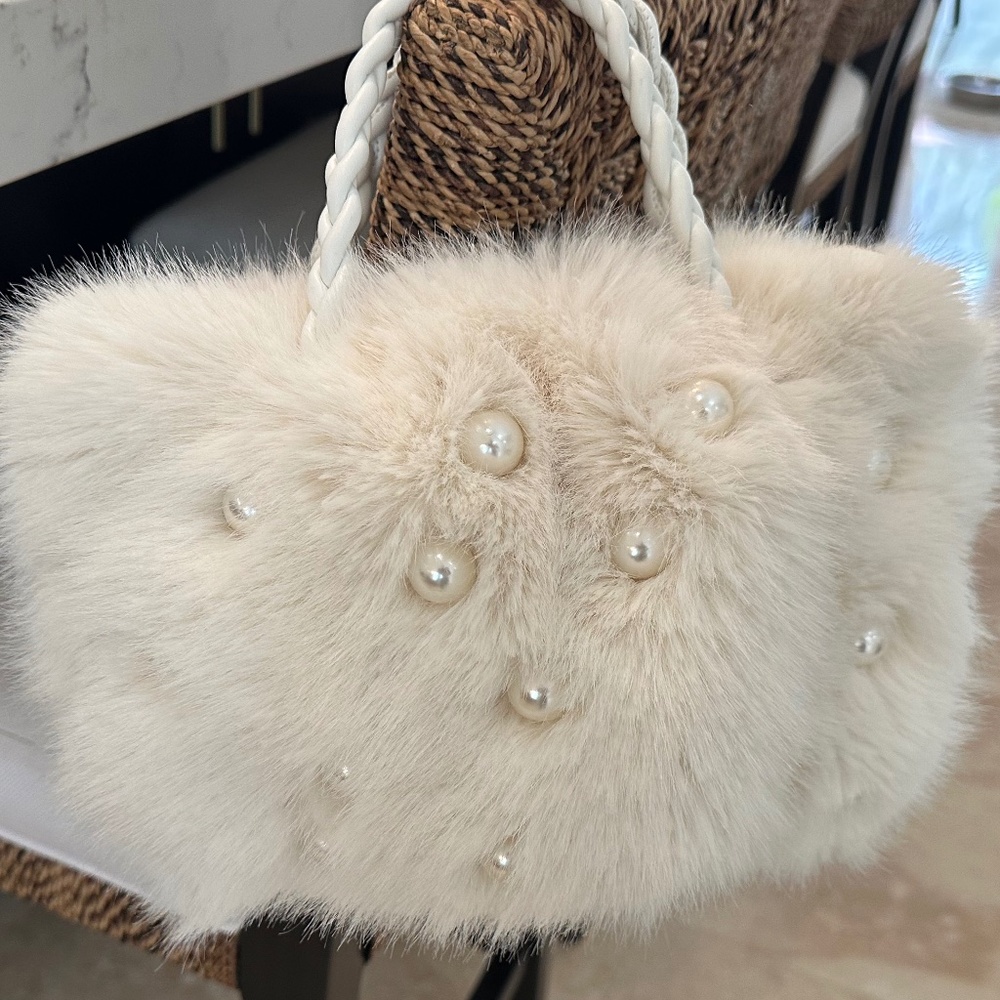 White faux fur purse with embedded white pearls